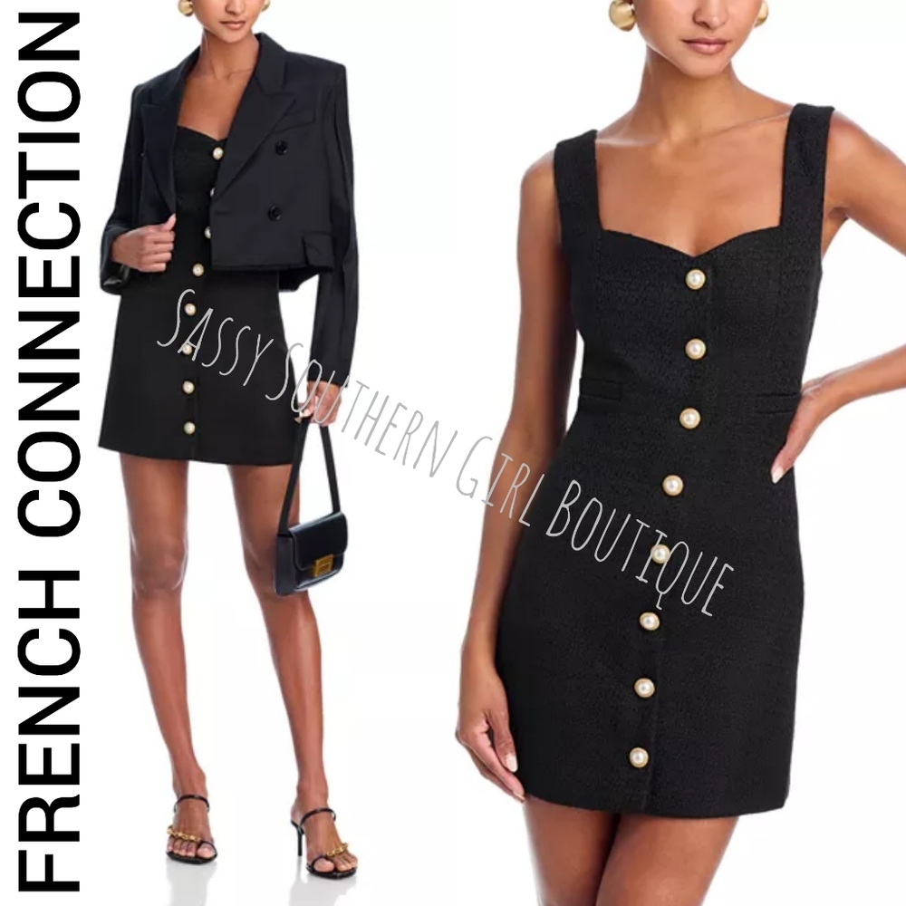 🆕⭐ French Connection Black Tweed Pearl Button Mini Dress